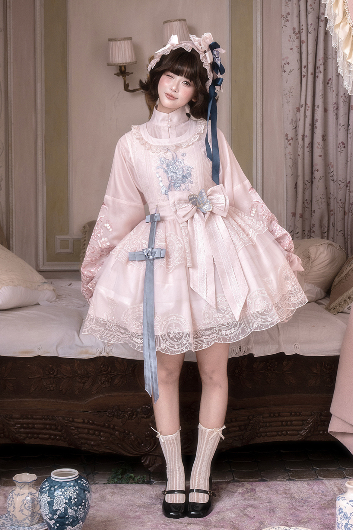 アップクロスカラージャケット+ショートジャケット+ドレス+ヘアバンド+リボン