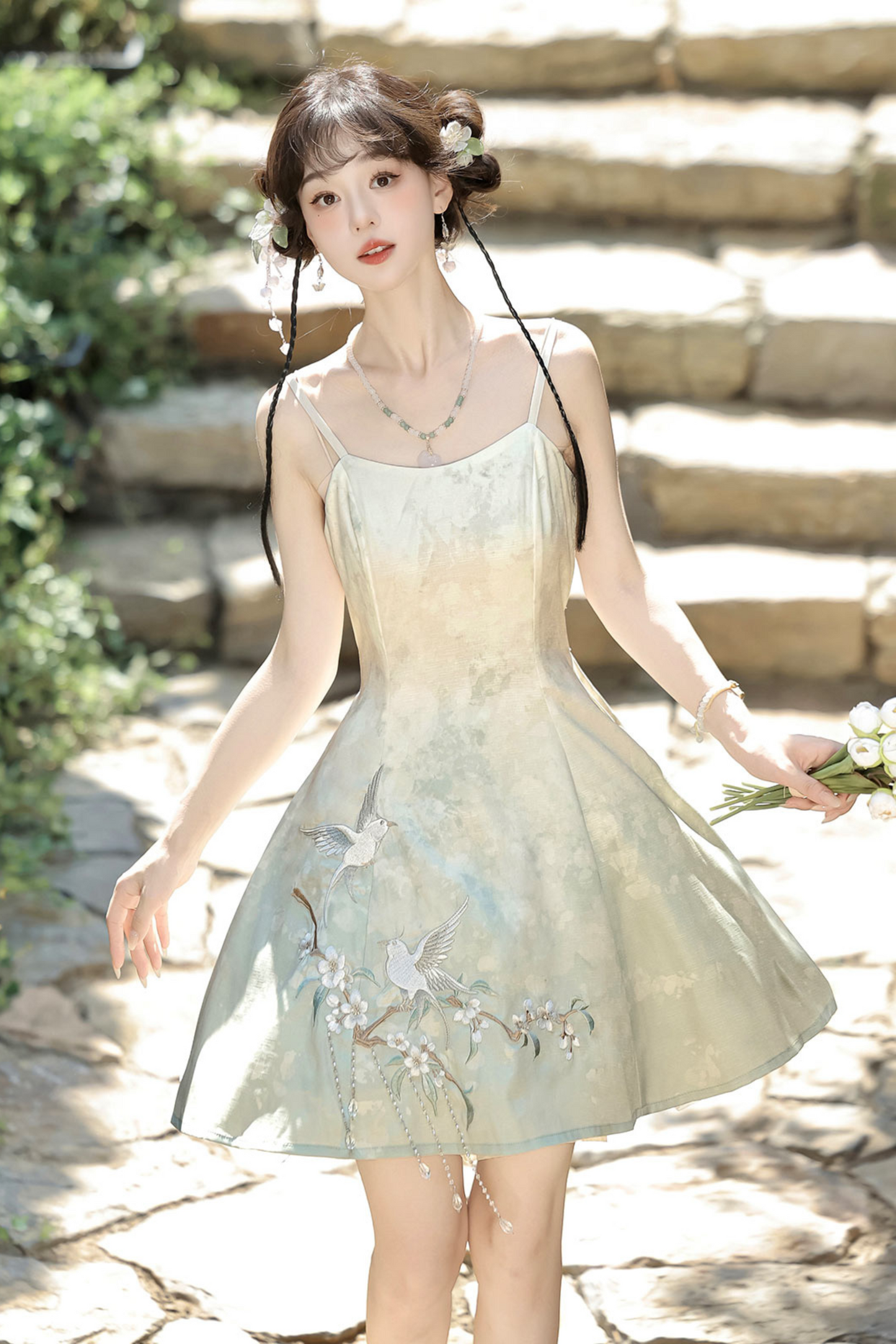 China Gradient Flower Retro Dress + Sheer Cardigan