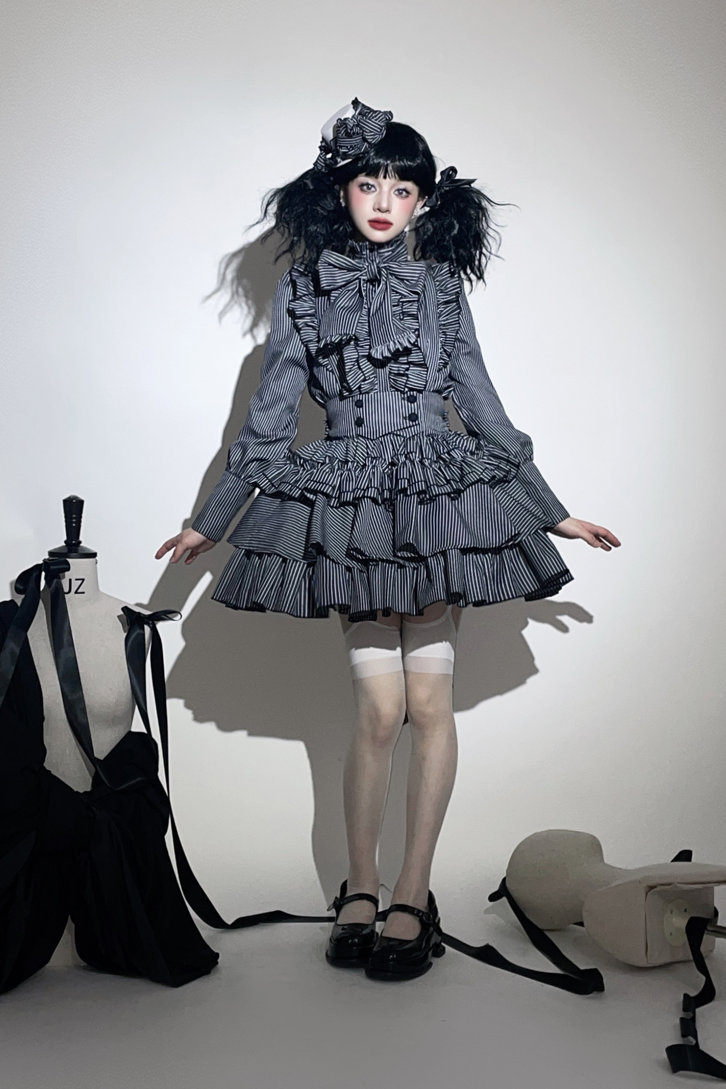 ストライプゴシックロリータシャツ+ケーキスカート