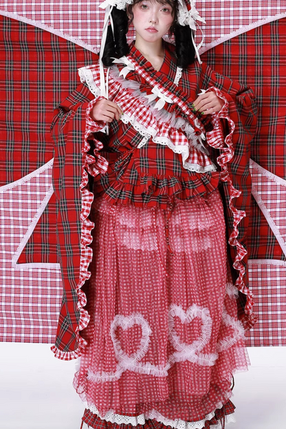 Retro Heart Mesh Plaid Skirt
