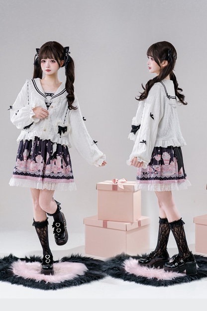 Sailor Color Sweetheart Print Dress + V-Neck Frilled Knit Cardigan