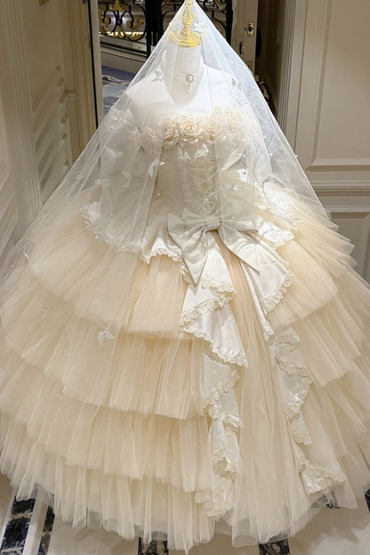 [예약상품] 4월 4일 예약마감]애프리콧 웨딩 로리타 원피스+숄+소매+리본 테일+베일