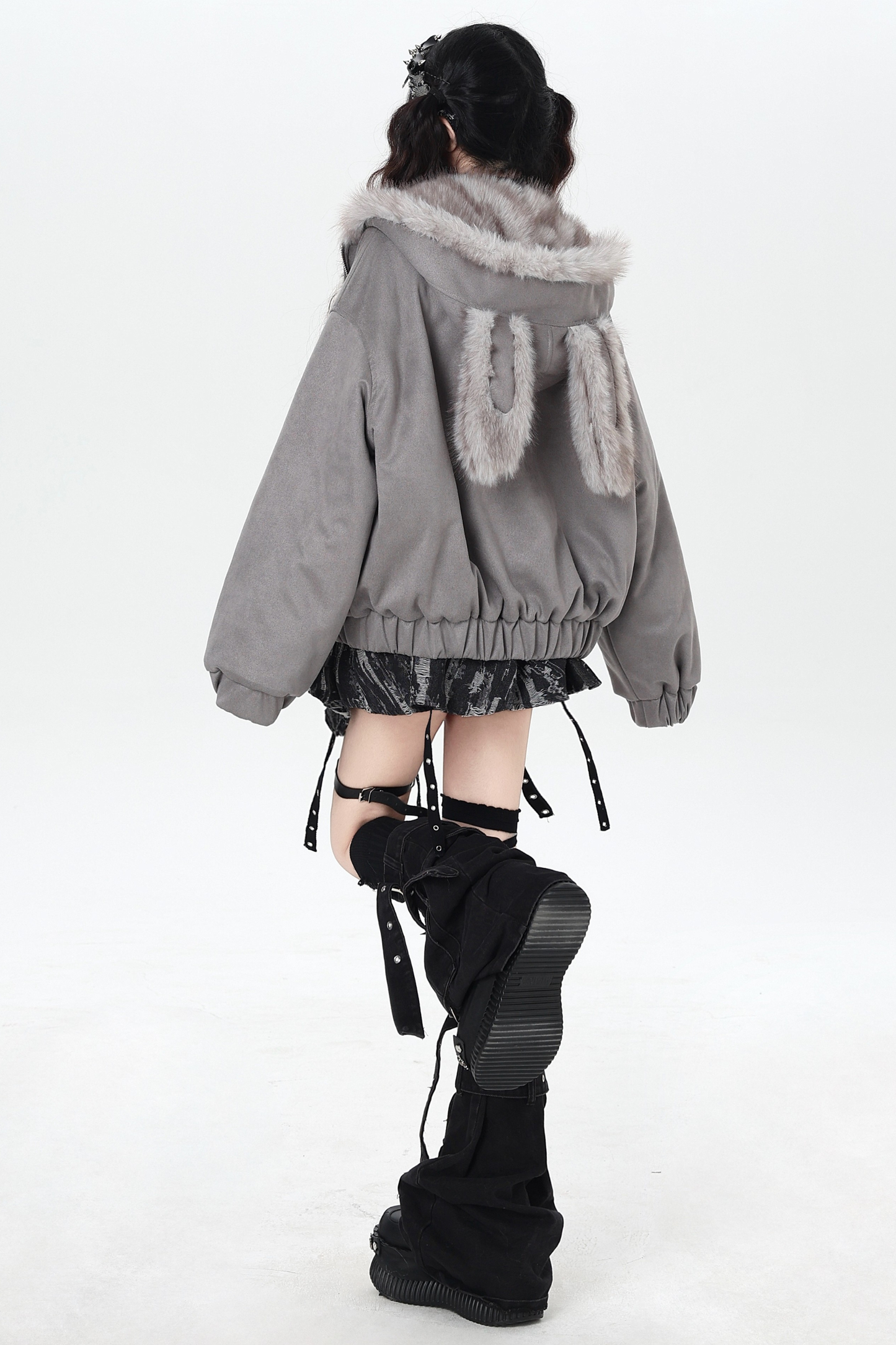 Rabbit Fur Hooded Suede Jacket