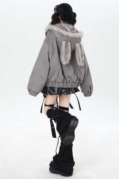 Rabbit Fur Hooded Suede Jacket
