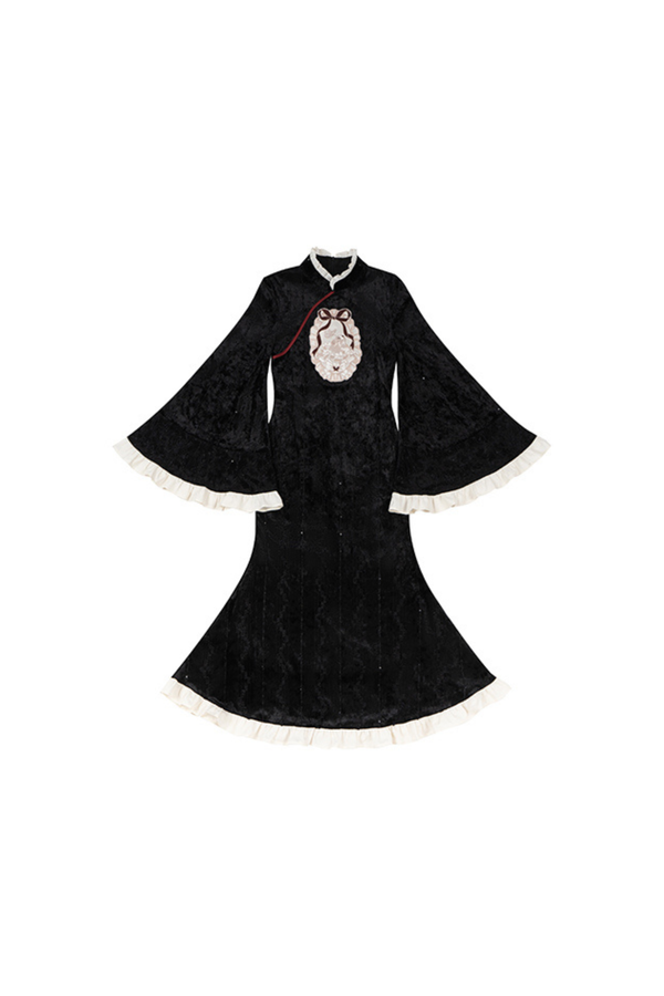 Retro Gorgeous Black Velvet Mermaid Tail China Dress + Cloak