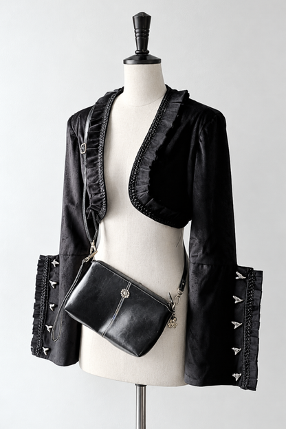 [Reservierungsschluss 6. November] Kurze Jacke im braunen Steampunk- und schwarzen Gothic-Mode-Stil aus Samt mit Rüschenbesatz, Herzmotiv und Manschettendekor
