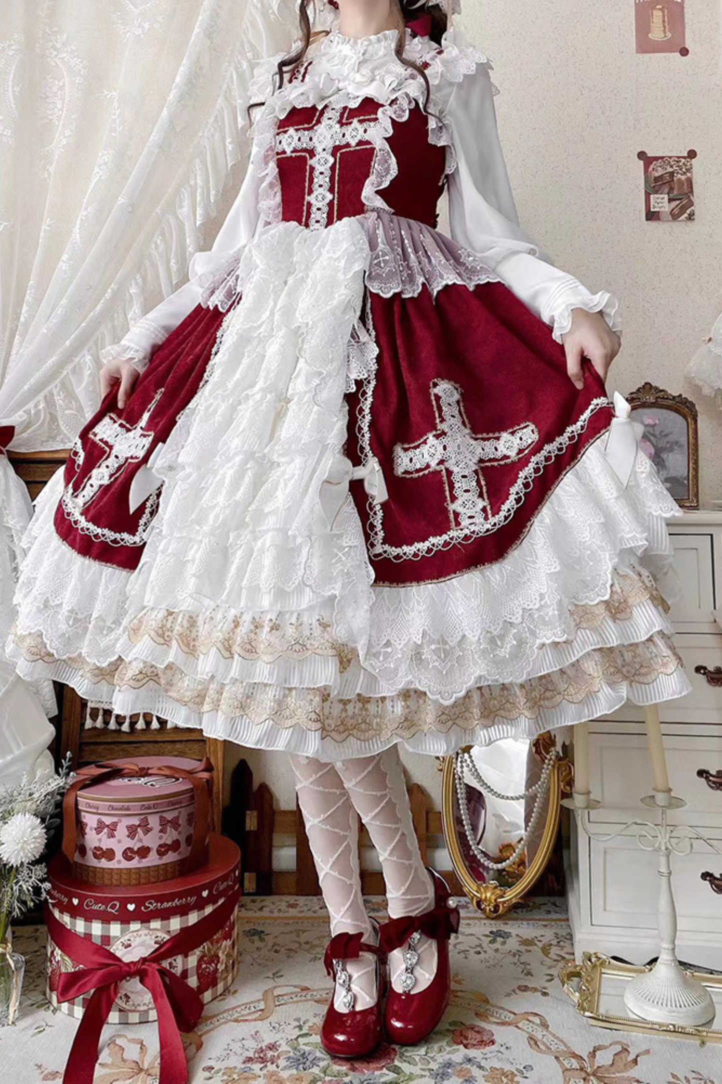 ゴシックドールレースジャンパースカート+ボンネット+ショール