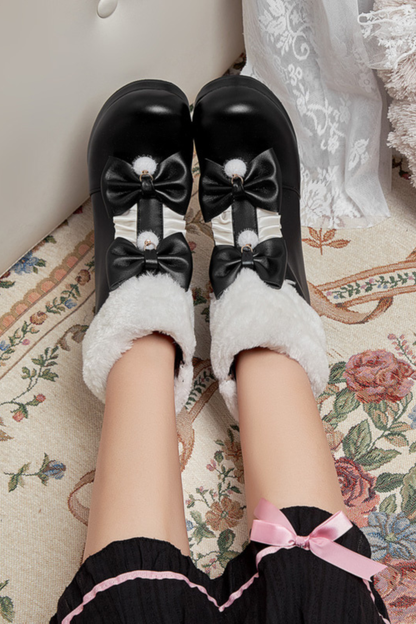 ダブルリボンファーショートブーツ