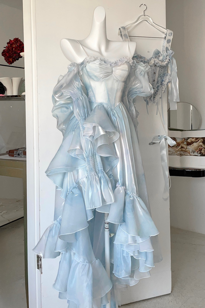 [Pre-order product] Snow Blue Sparkling Series Long Tail Bustier Dress + Back Ribbon