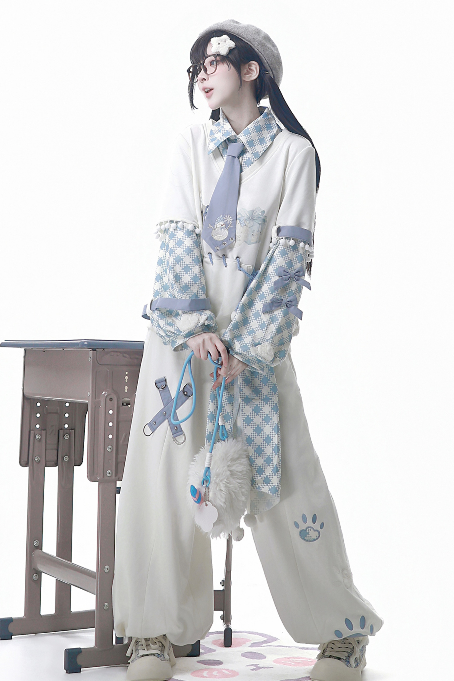 デジタルチェックトップス+ワイドパンツ+ベルト+ネクタイ