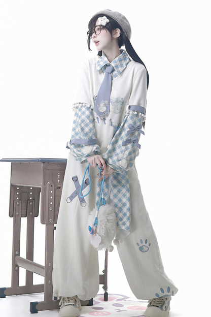 デジタルチェックトップス+ワイドパンツ+ベルト+ネクタイ