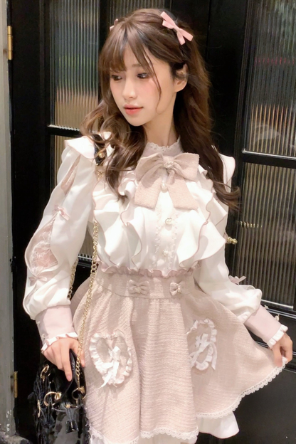 레이스 어깨 리본 블라우스 + 스커트