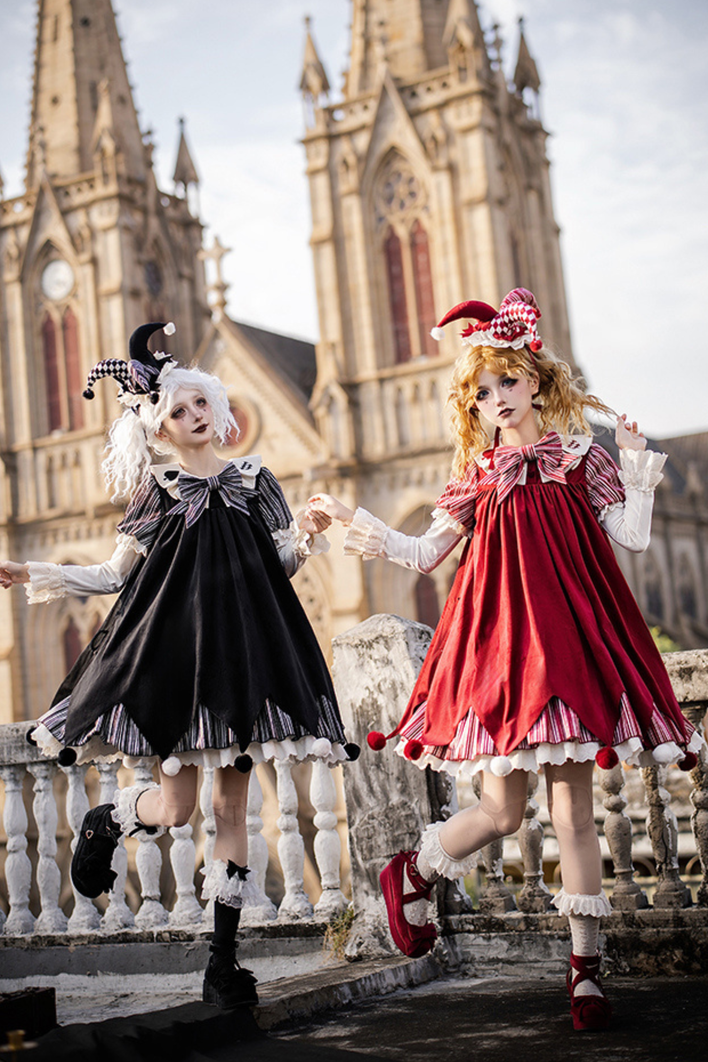 ドールサーカスピエロロリータドレス+カチューシャ+ベルト+リボン+カチューシャ+バッフル