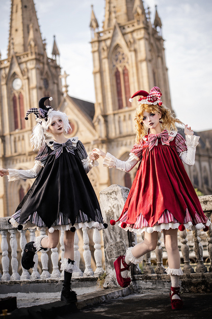 ドールサーカスピエロロリータドレス+カチューシャ+ベルト+リボン+カチューシャ+バッフル