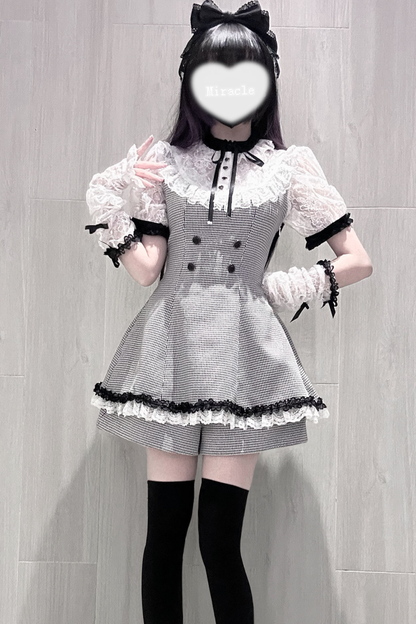 [3월 15일 예약마감] 깅엄 체크 다크 스위트 레이스 원피스 + 반바지