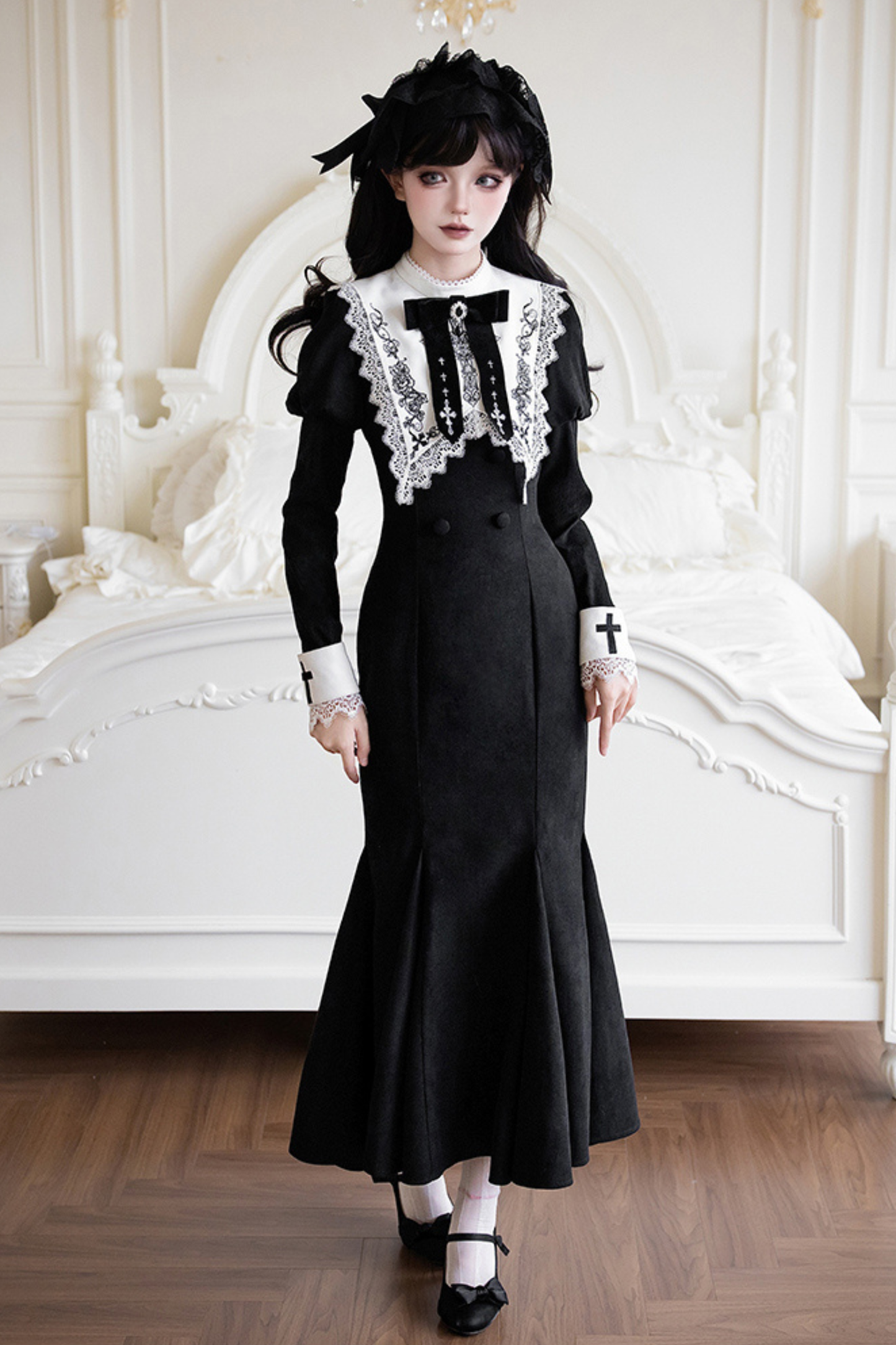 シックマーメイドドレス+レースアップショートドレス+マントコート+カラー+リボンブローチ