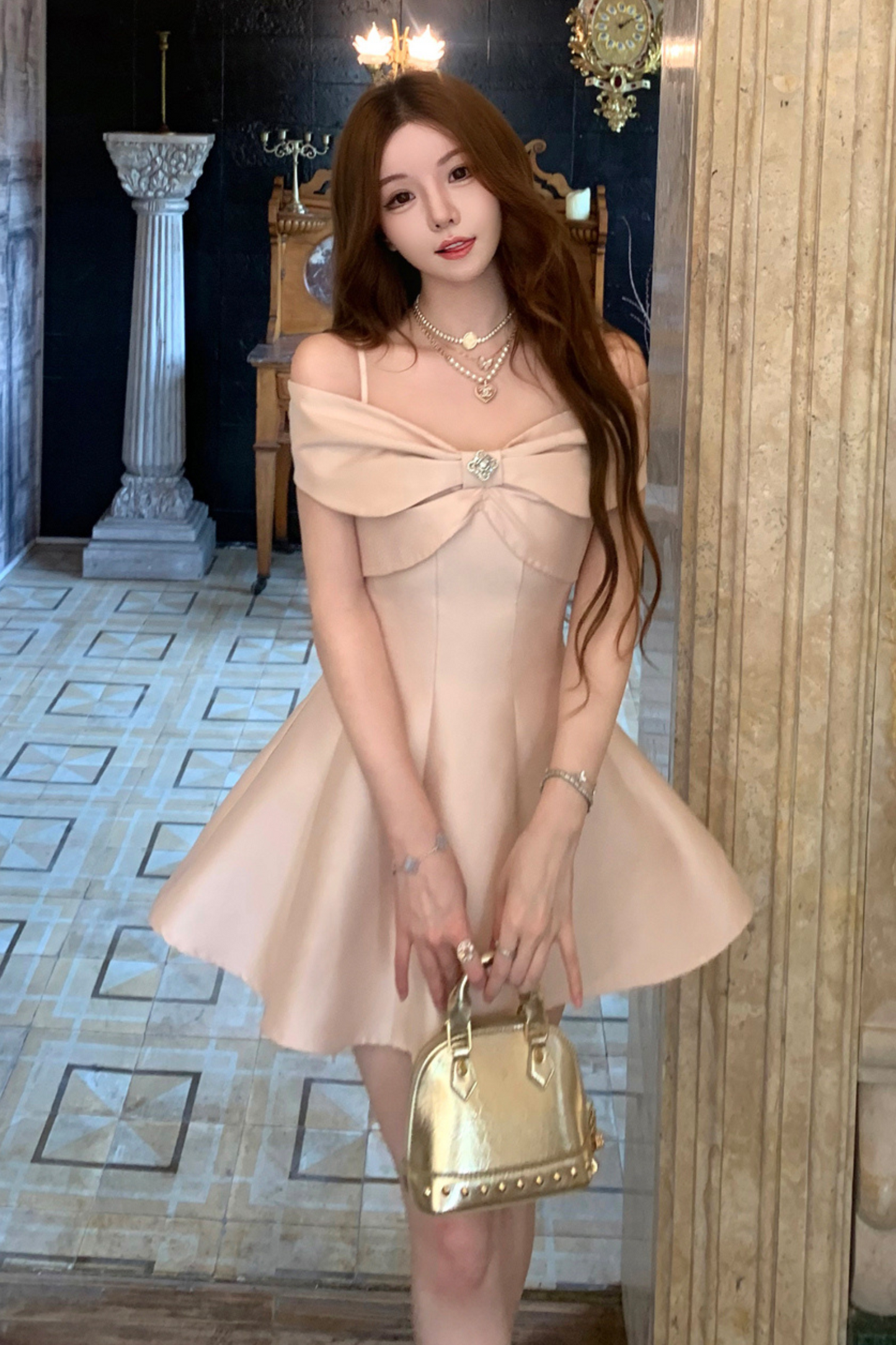 オフショルダーリボンショートフレアドレス＋ロングフレアドレス