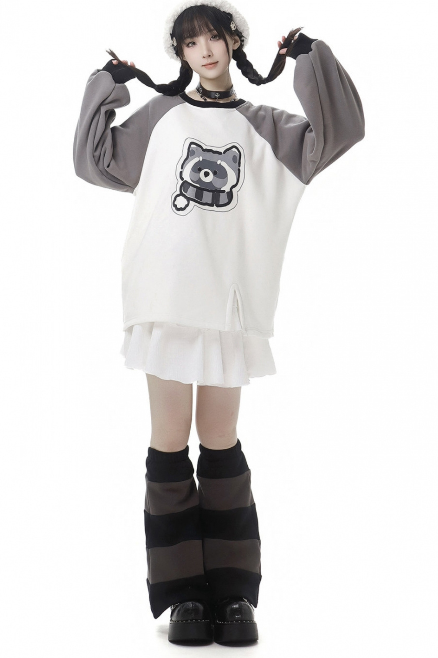 Tanuki fur jacket + sweatshirt + skirt + pants + leg covers