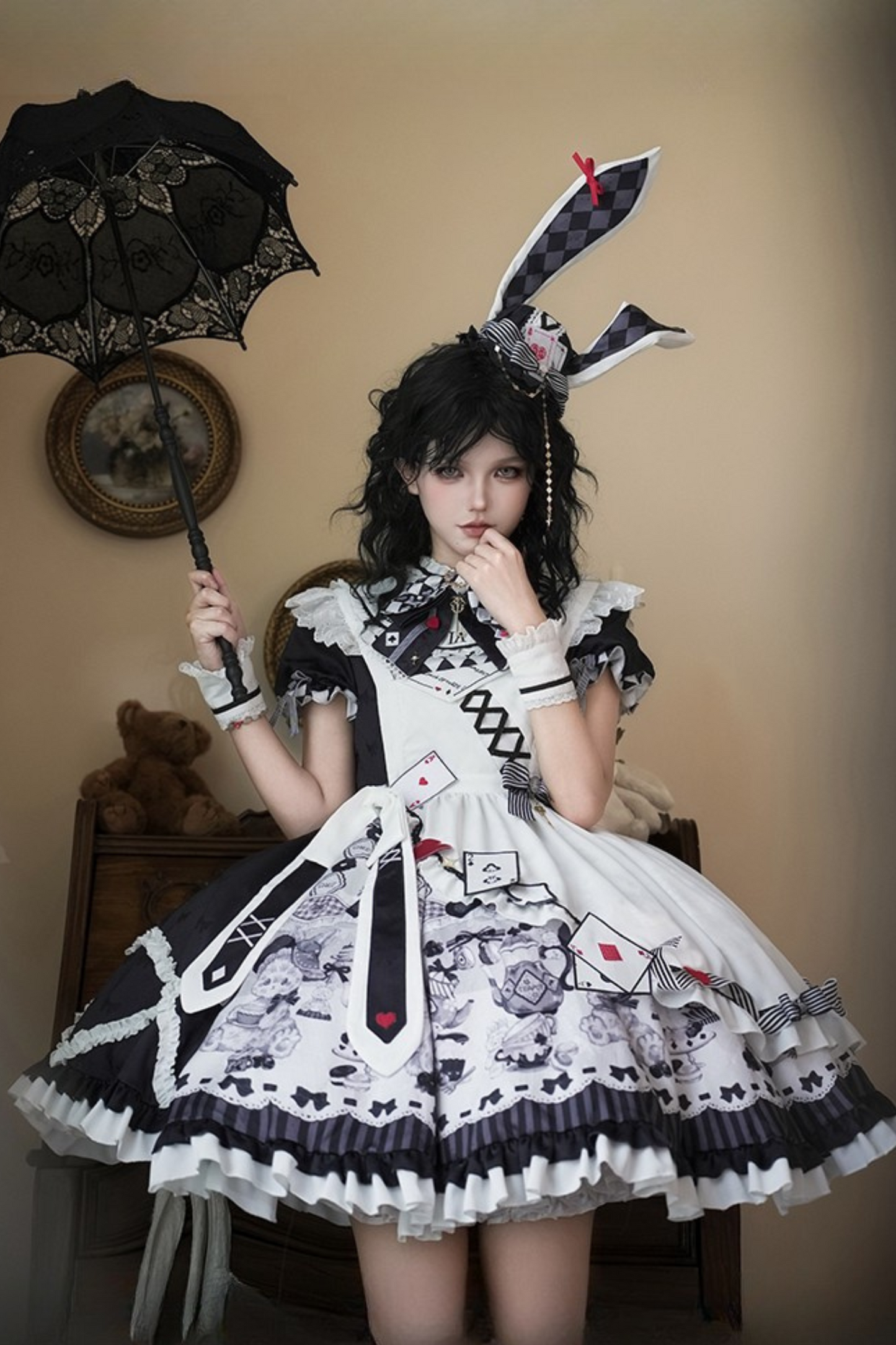 【数量限定】アリスティーパーティーアシメエプロンドレス＋うさ耳ハットドレスフルセット