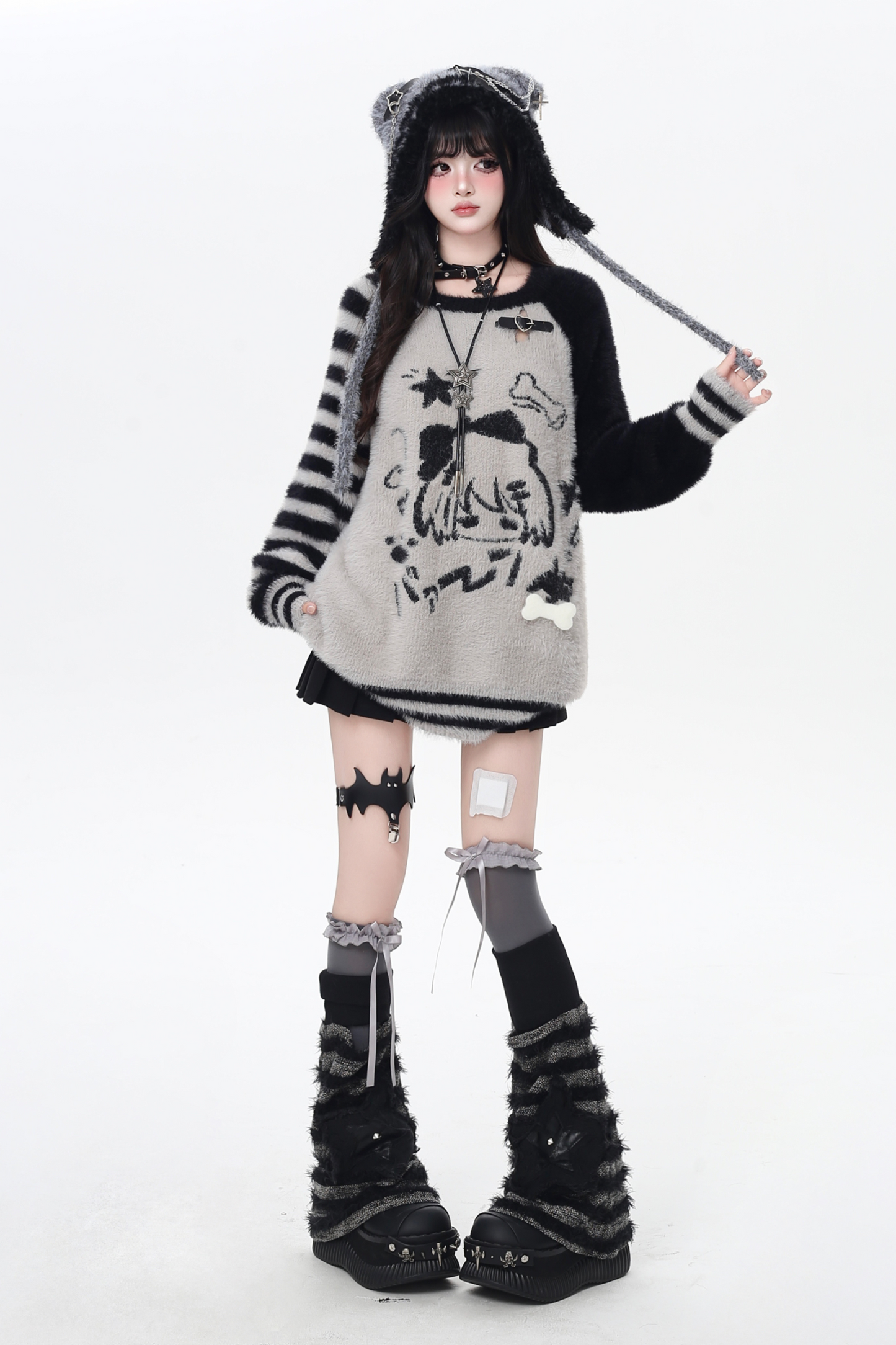 Hooded Loose Top with Striped Asymmetrical Ears