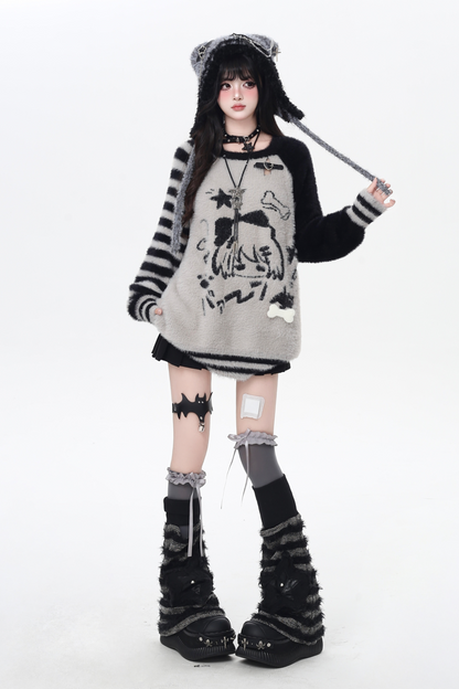 Hooded Loose Top with Striped Asymmetrical Ears