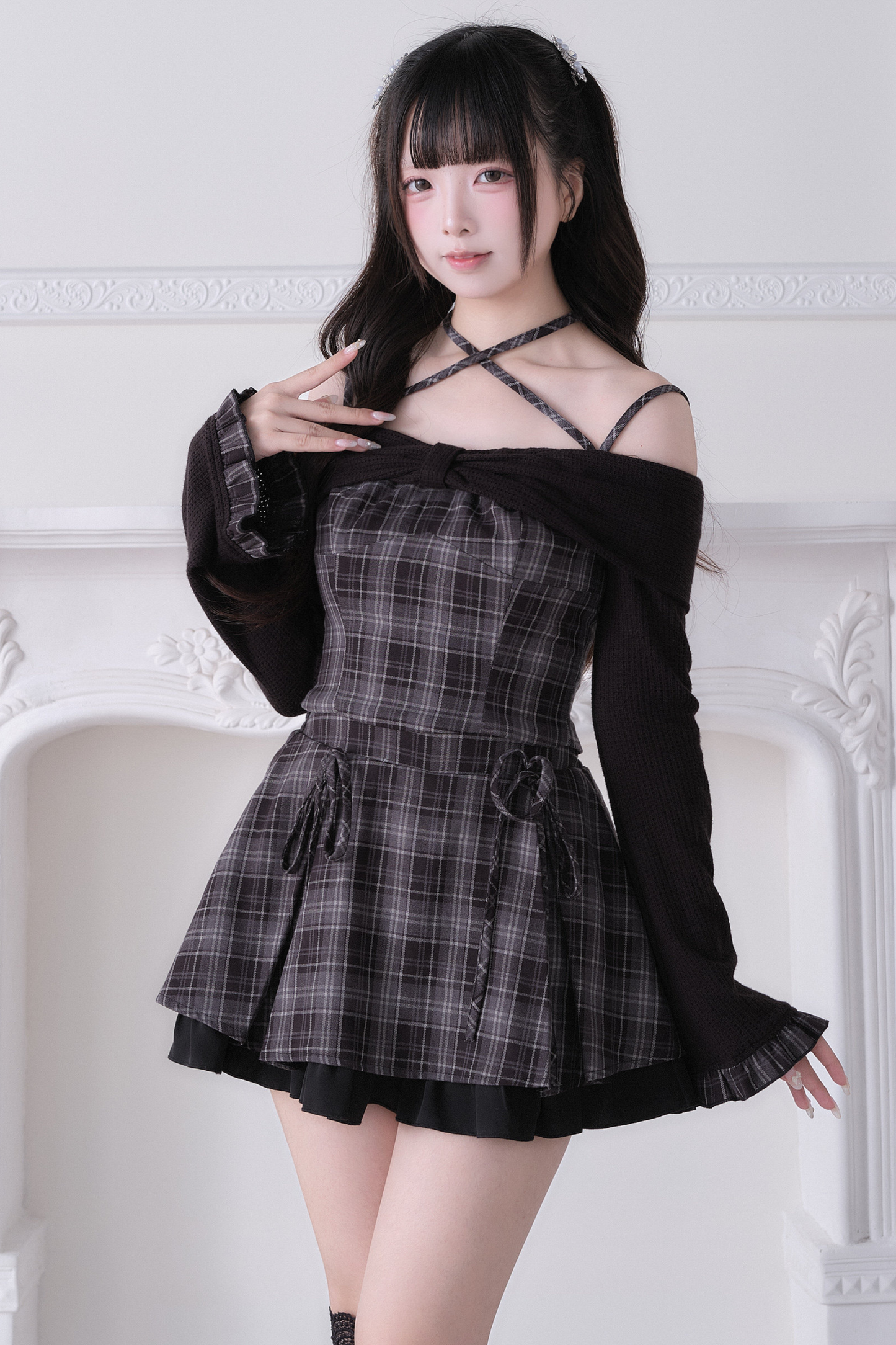 체크 스위트 탑 + 숏 스커트