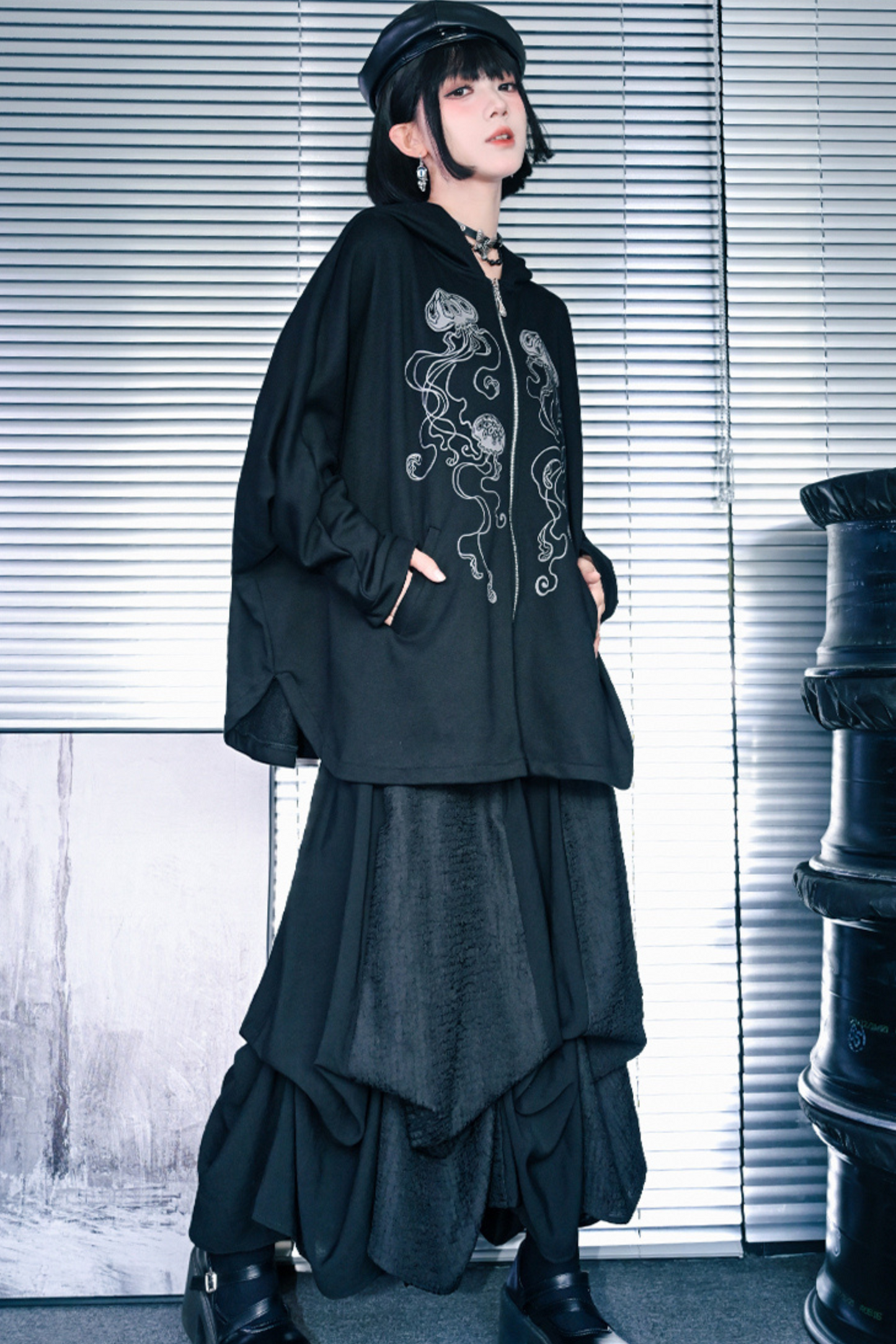 Draped Bat Sleeve Printed Hooded Hoodie