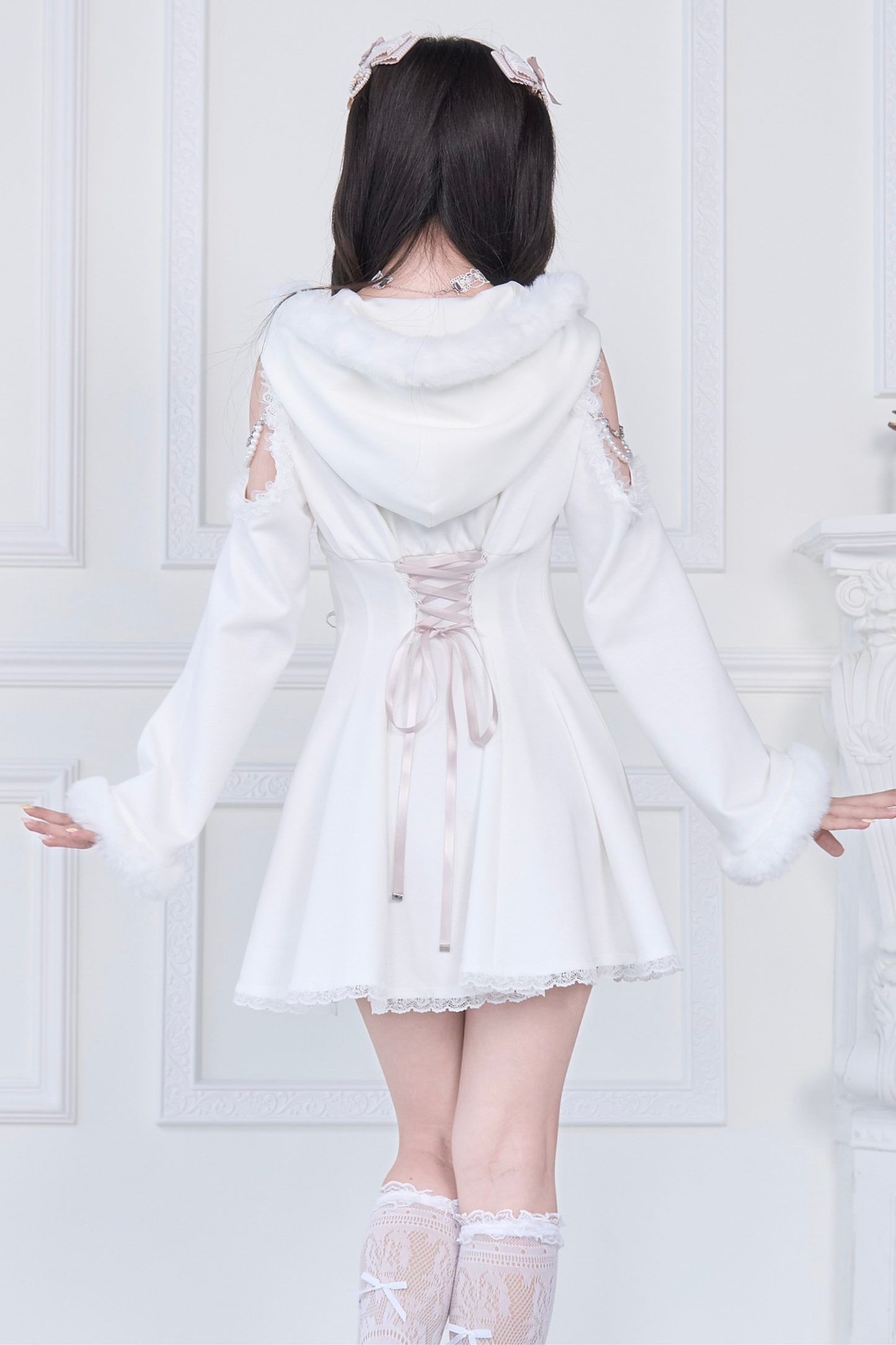 Lace-up Off-the-shoulder Fur Hooded Dress