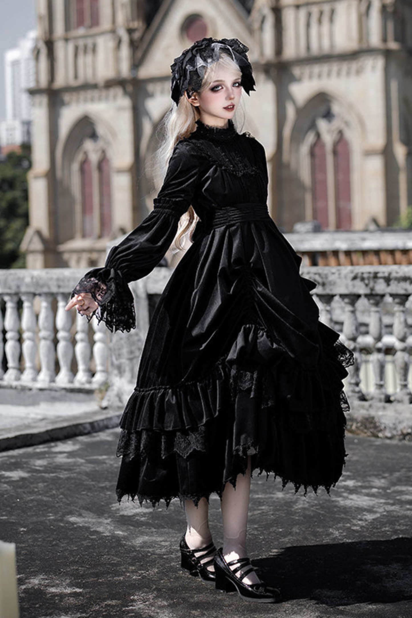 Gothic Doll Multi-Tiered Dress + Belt + Fake Collar + Hairband