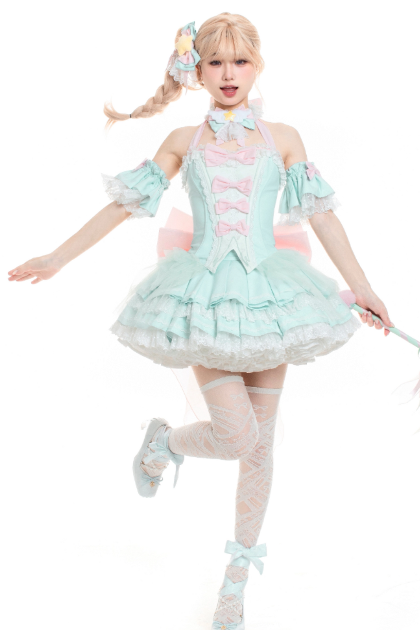 魔法妖精スパークリングウォーターロリータトップス+スカート+ヘアクリップ+テール+魔法ステッチ