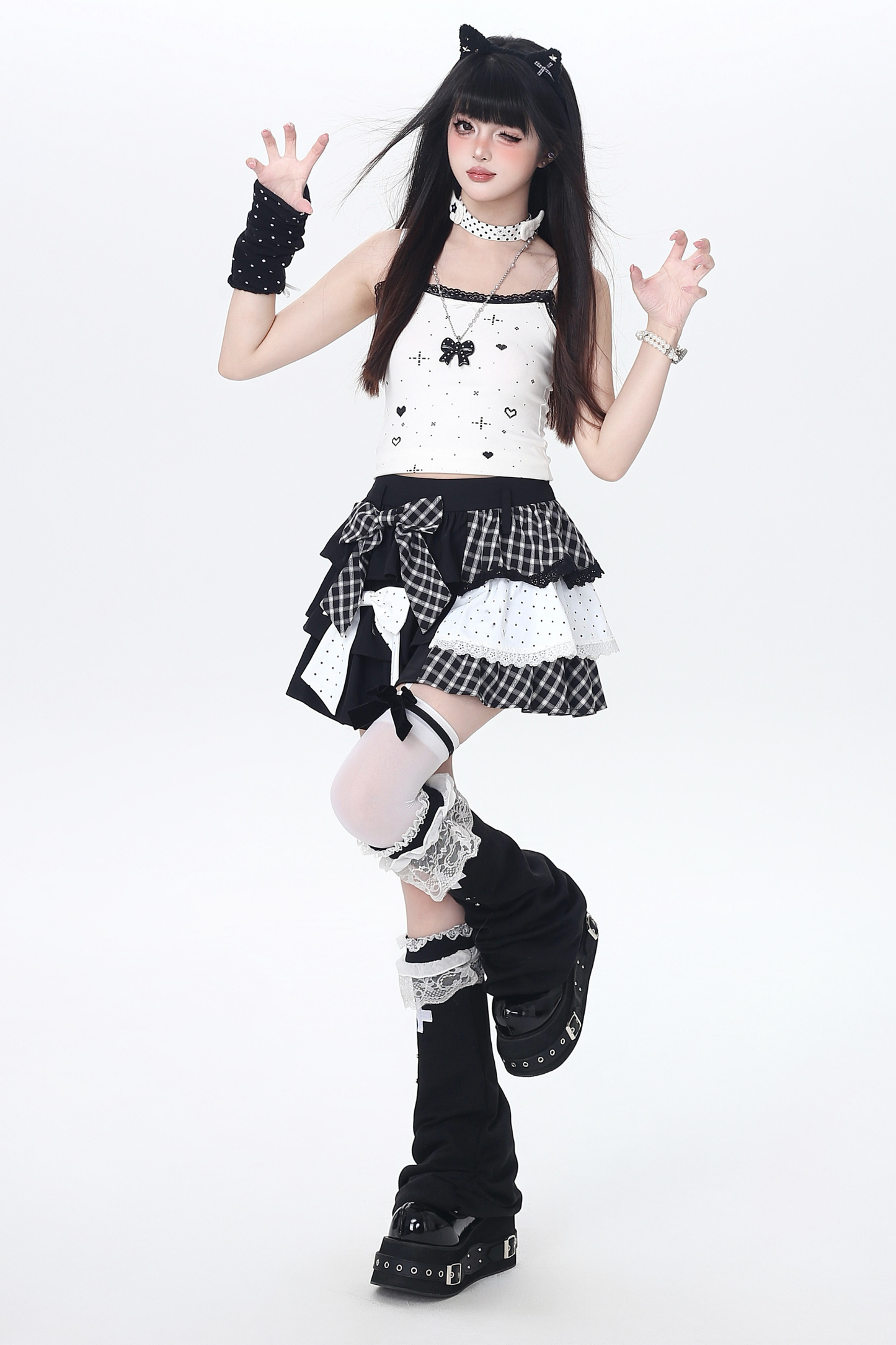 Plaid Dot Tiered Skirt