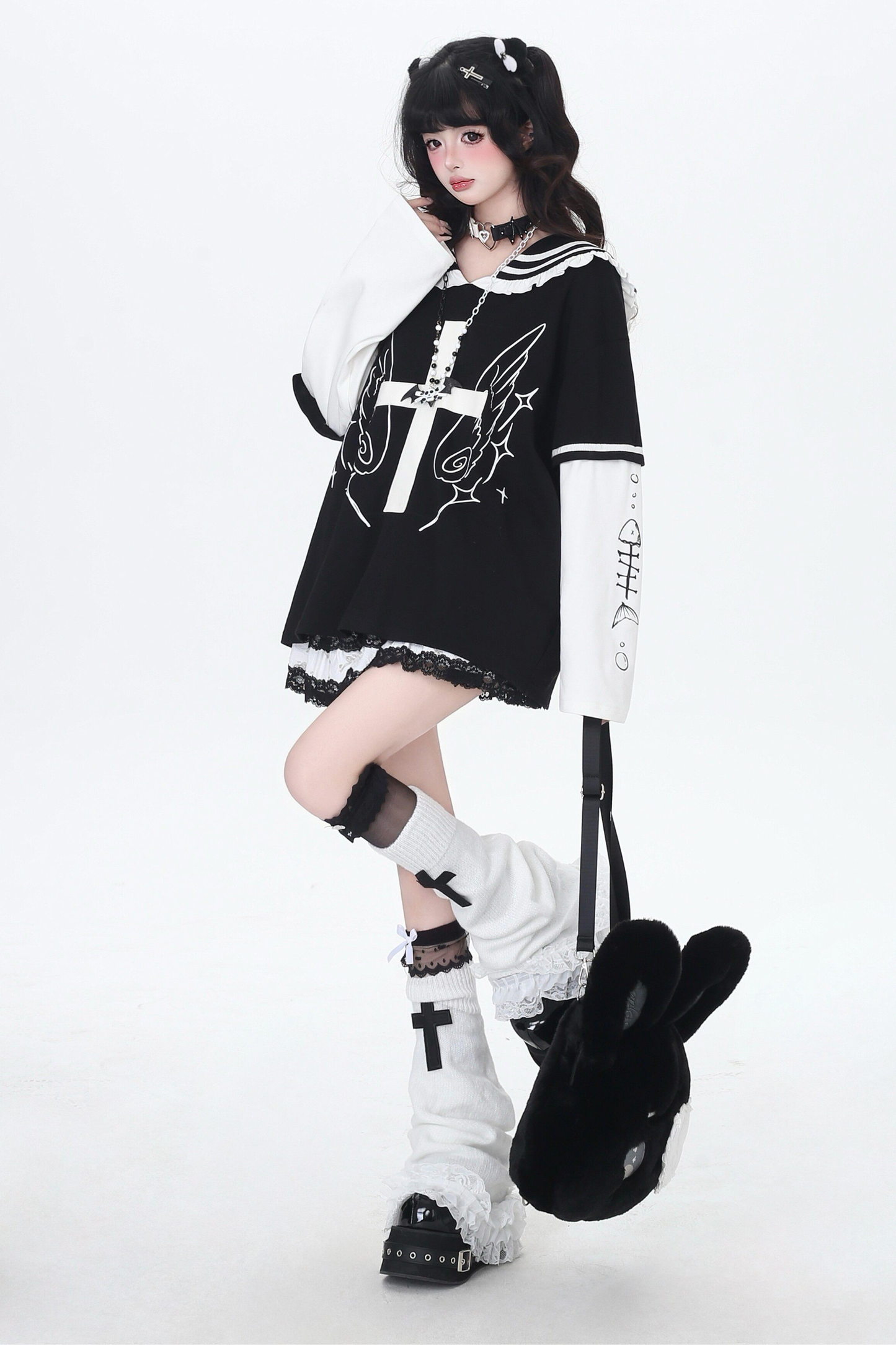 Cross Design Ruffled Sailor Top