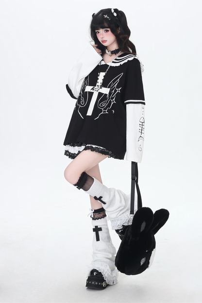 Cross Design Ruffled Sailor Top