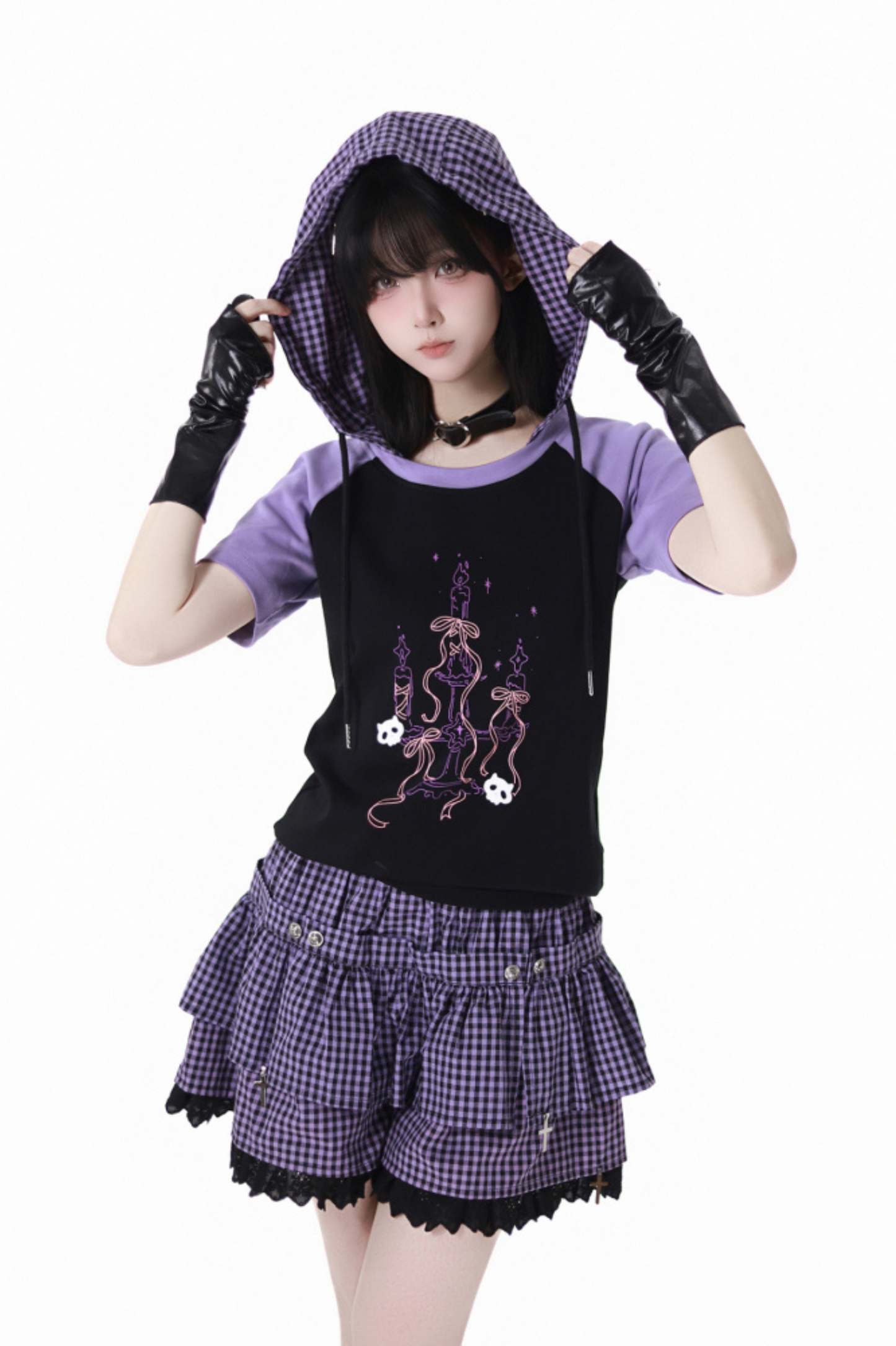 パープルグリッドカラーブロックトップス+フードトップス+パンツ+レッグウォーマー