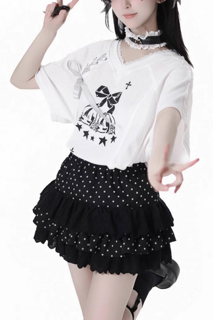 リボンルーズTシャツ+キュロット+アシメスカート