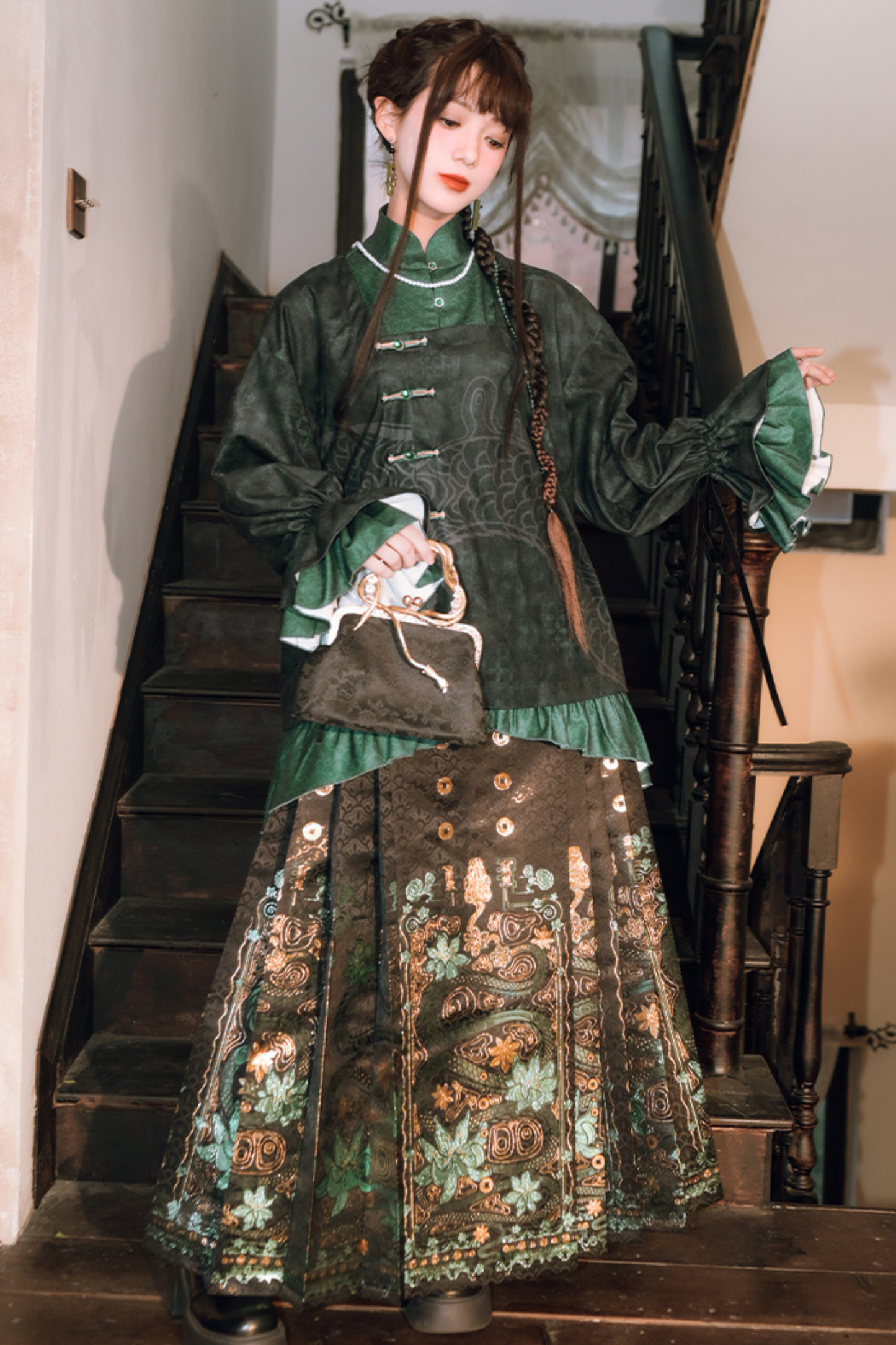 Dark China Flared Sleeve Top