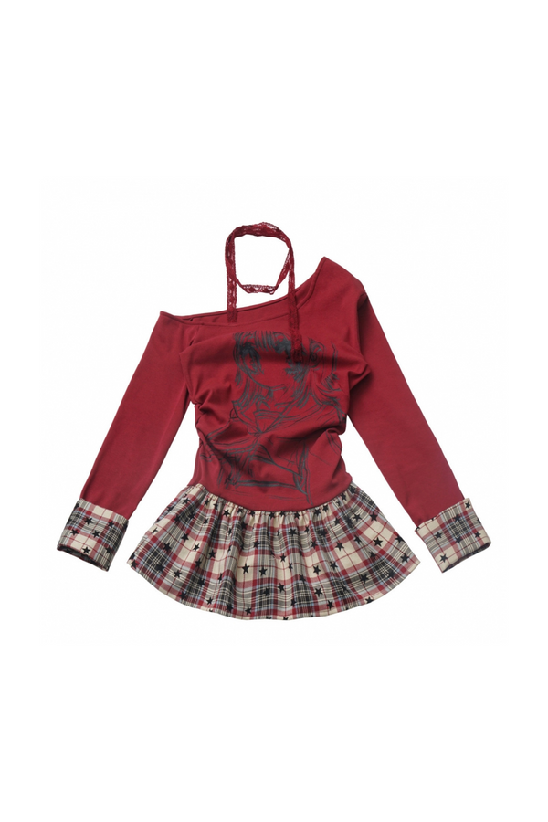Y2Kガールチェックペプラムワンショルダートップス