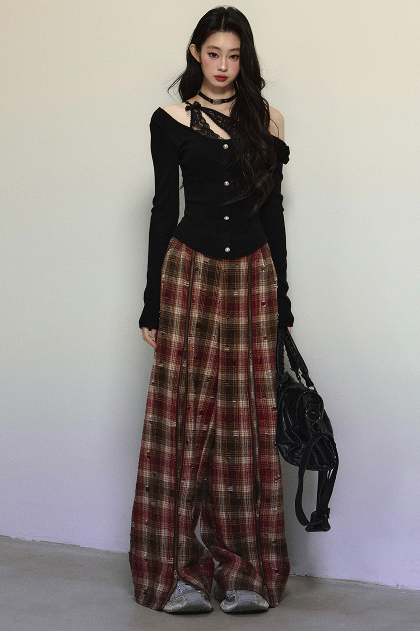 Academy Gallery Loose Lazy Style Slit Check Pants