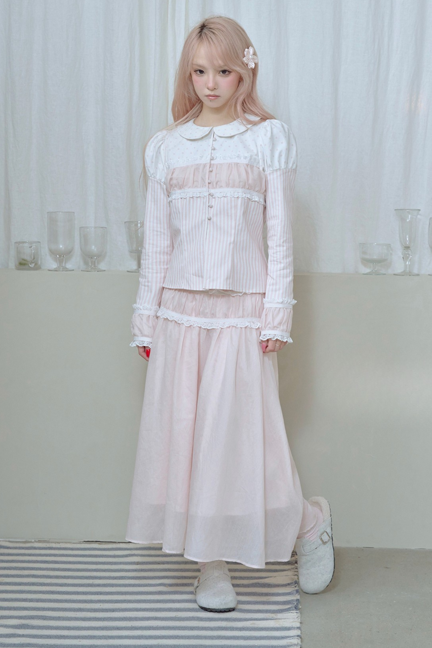 ストライプドールカラーパフスリーブシャツ