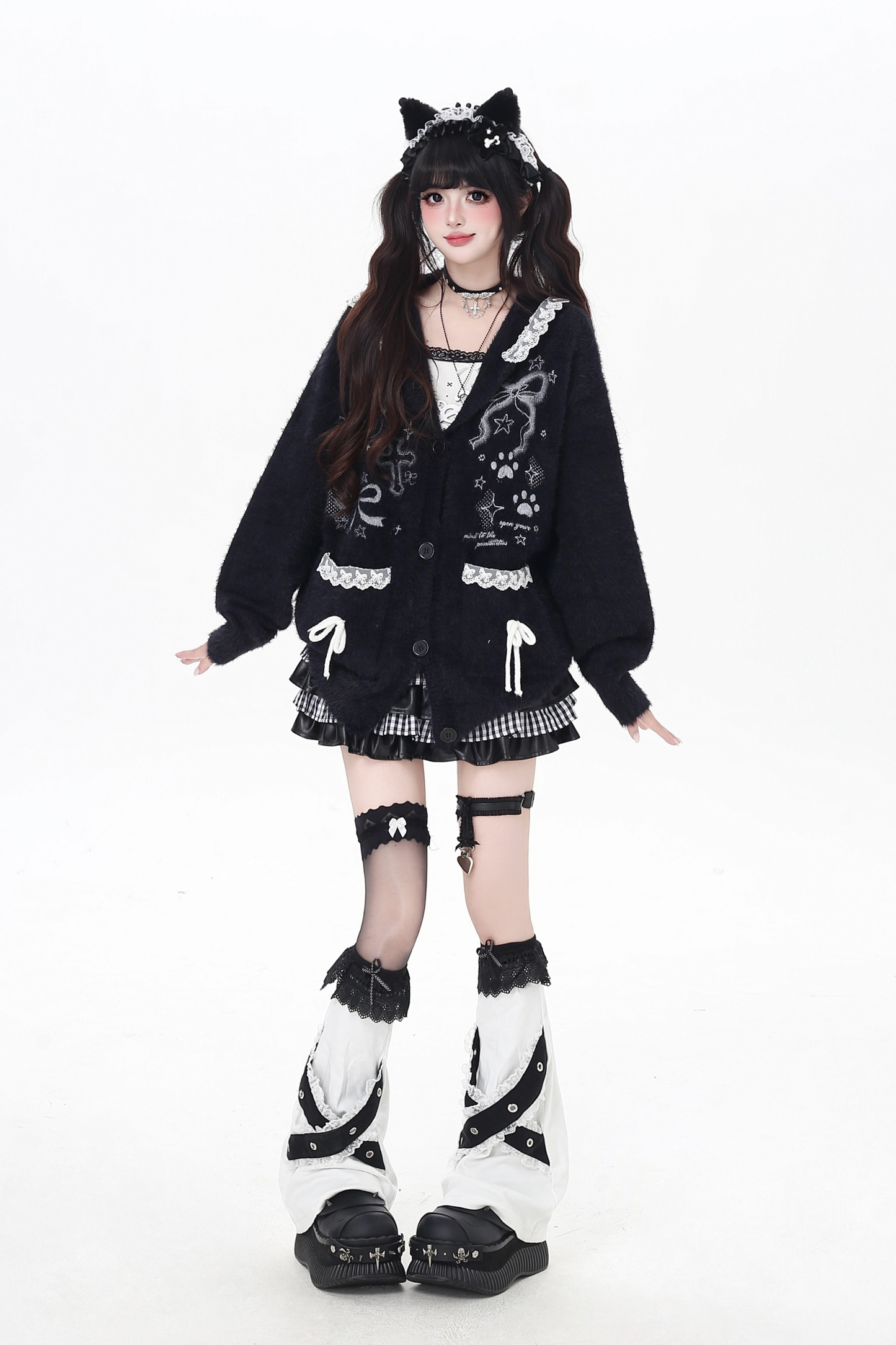 Lace hooded cardigan with rabbit ears