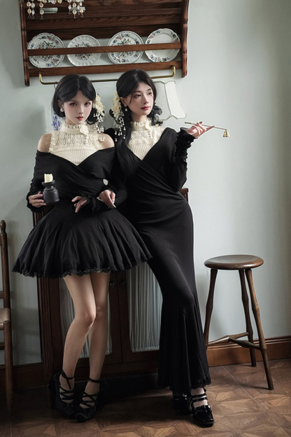 ローVネックニットストレッチスリムワンピース