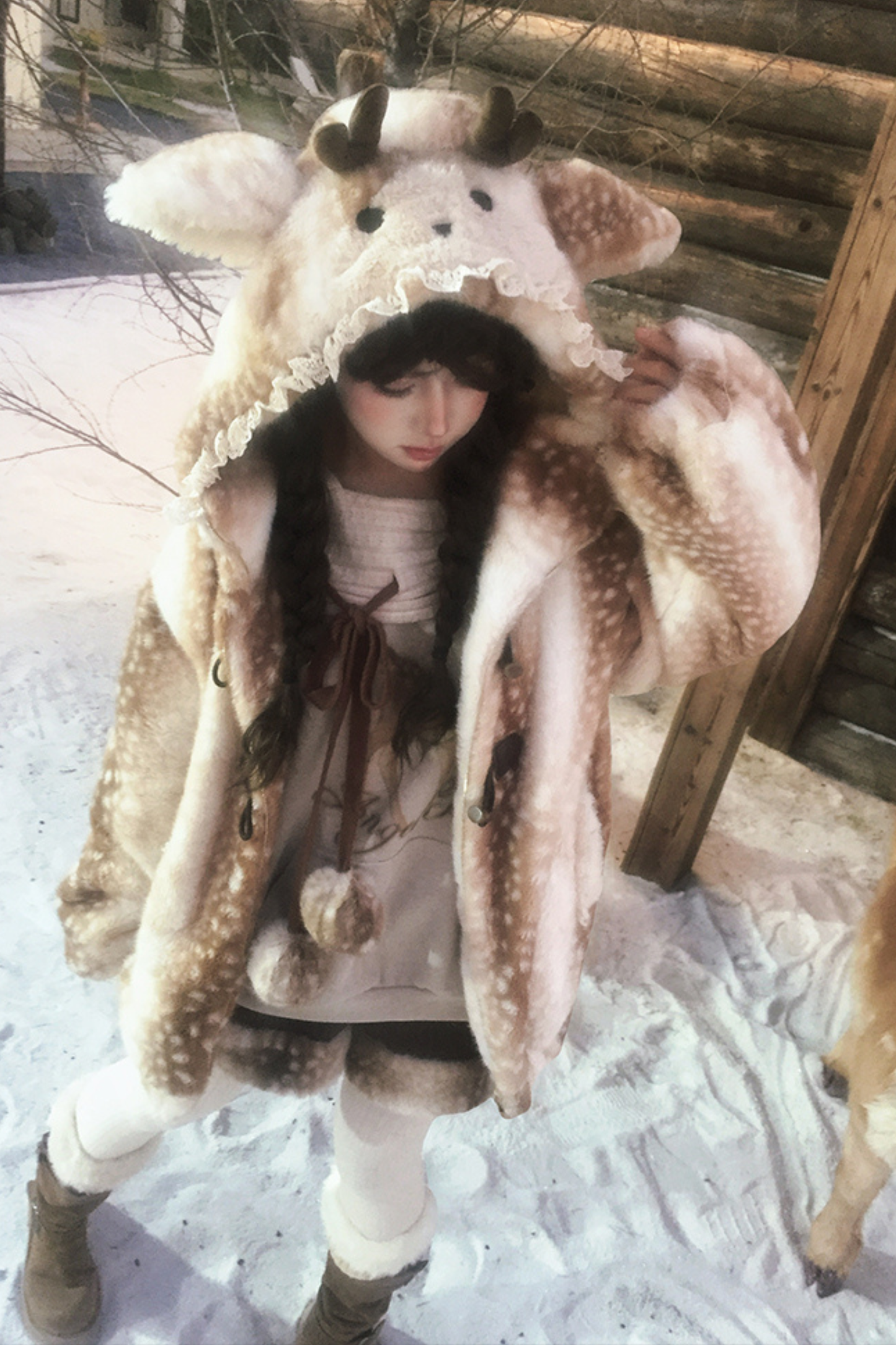 鹿柄フード付きホーンバックルファーコート