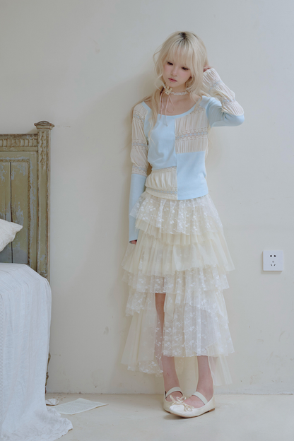 パッチワークデザインクルーネックトップス