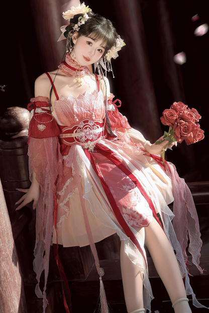 中国风印花羽毛连衣裙+羽毛袖+腰带