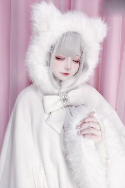 猫耳ドリルバックルウールマント