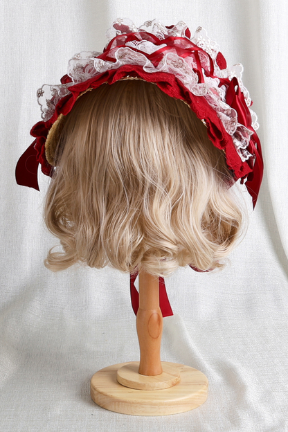 ローズレースロリータボンネット+ハット+ヘアバンド+クリップハット+クラウン