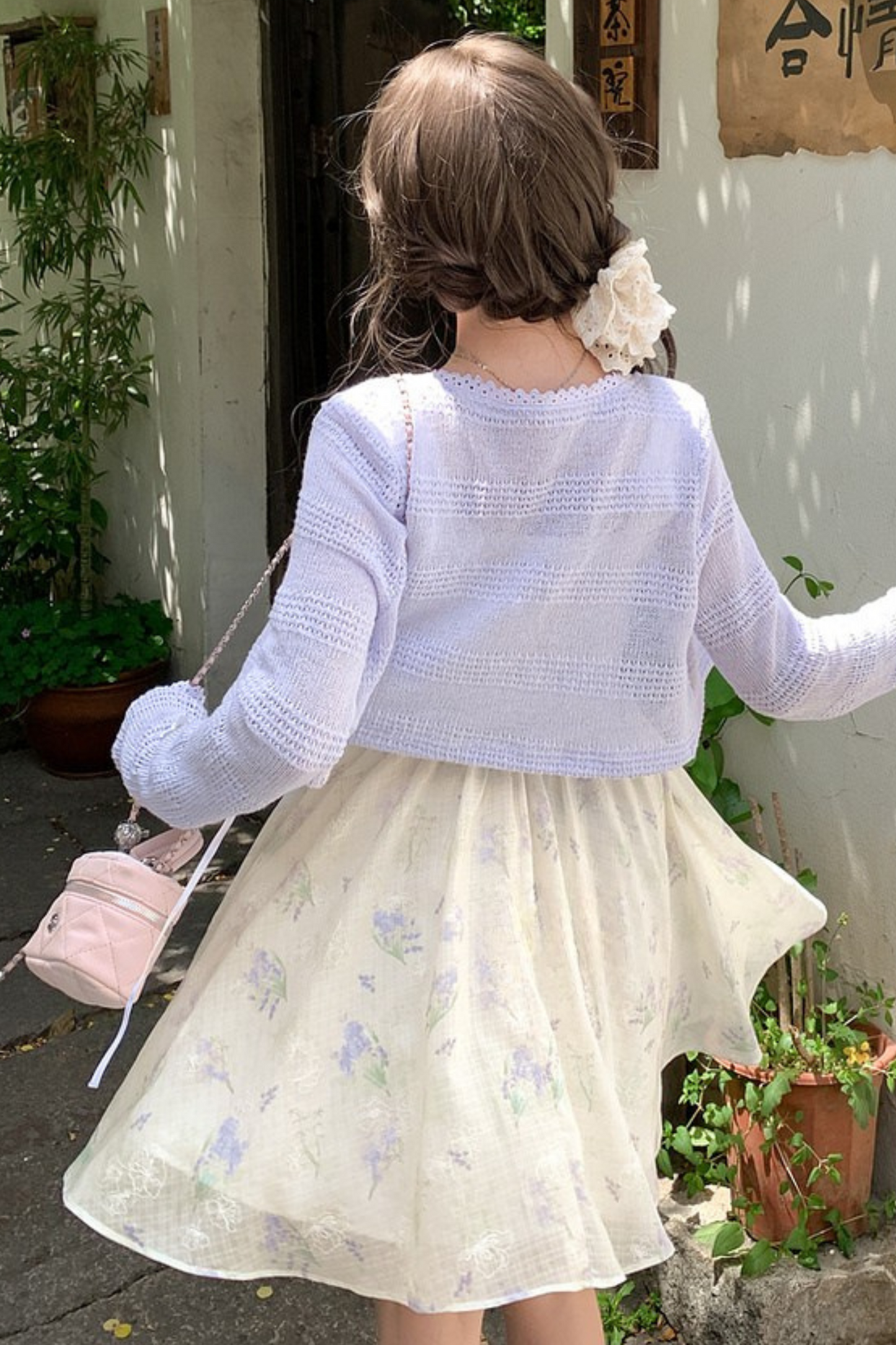 French Flower Off-the-shoulder Dress + Cardigan