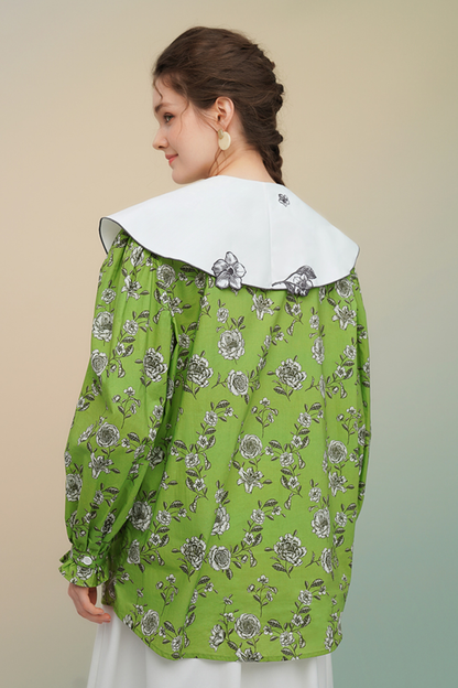 グリーンローズフレンチヴィンテージプリントシャツ