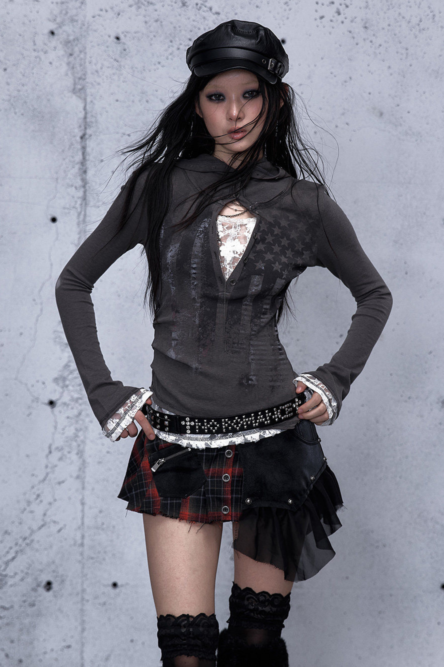 레이스 패치워크 타이트 후드 파커