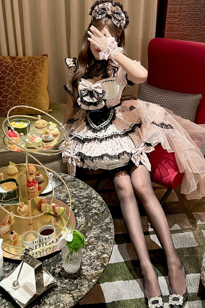 スイートリトルドットメイドロリータドレス+エプロン+ヘッドアクセサリー+ベール